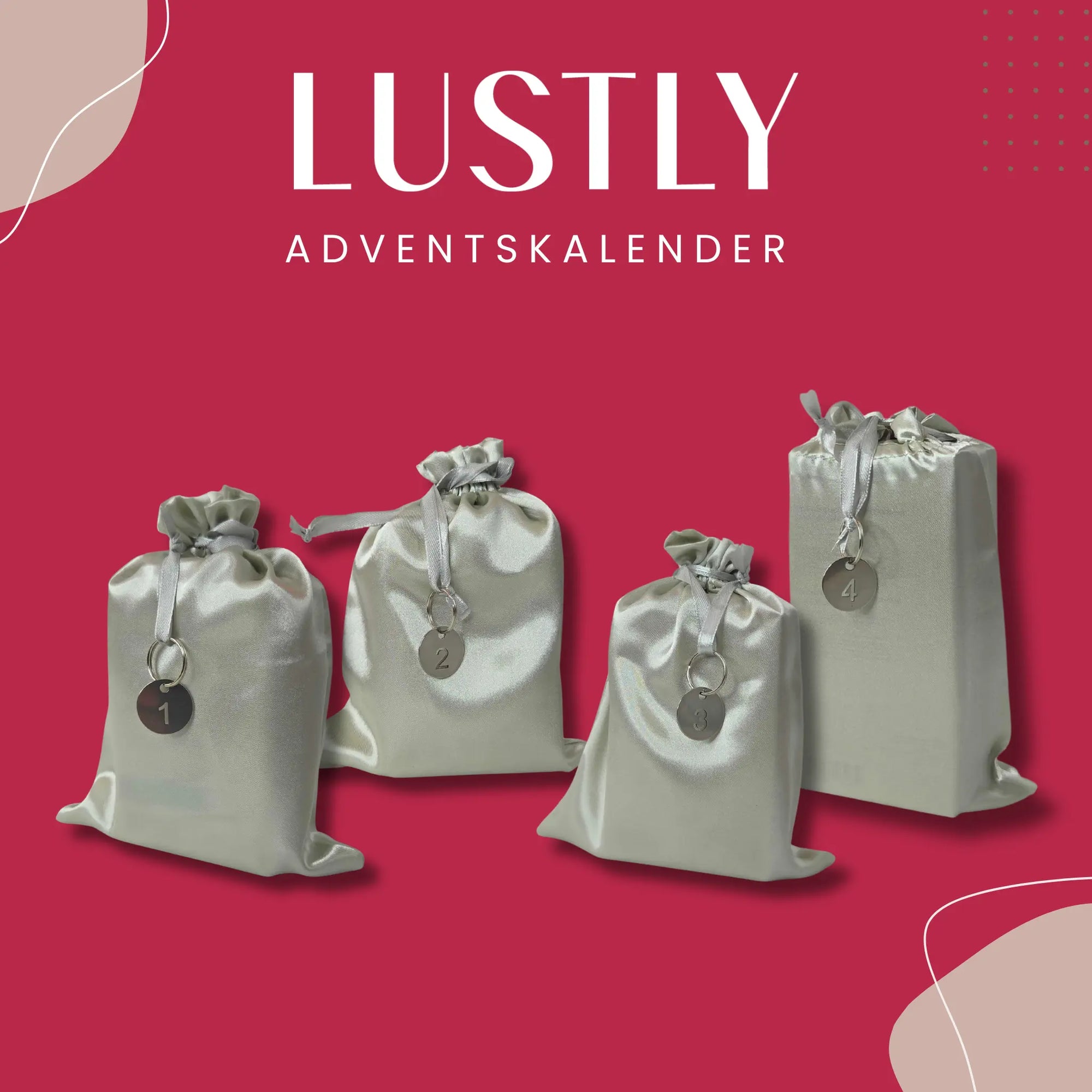 Bilden visar de 4 olika påsarna med produkter du får i Lustlys Adventskalender 2025
