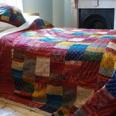 Bohemian Bedding and boho chic decor ideas - jaipur handloom - Silk Sari kantha quilt