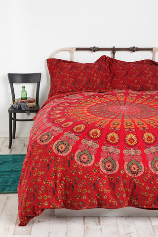 Red Medallion Tapestry Peacock Print by Jaipur Handloom 