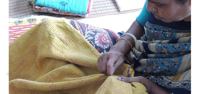 Vintage kantha quilt from recycled vintage saris -  Jaipur Handloom