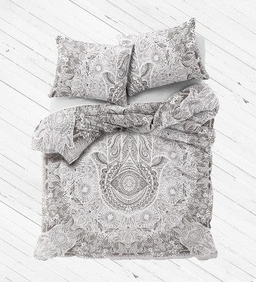 Grey Hamsa Duvet Cover set with pillows for Dorm room College Decor