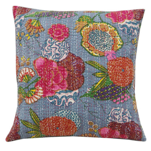 gray floral kantha throw pillow - jaipur handloom