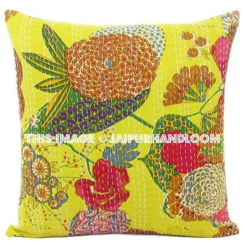 YELLOW 24" CUSHION PILLOW COVER HANDMADE COTTON KANTHA QUILTED FLOOR DECOR INDIA 