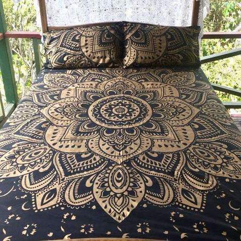 King Size Black Gold Mandala Hippie Gypsy Indian Quilt Duvet Cover Bedding Set