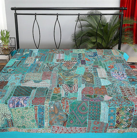 Indian Cotton Jaipur Kantha Rajai Patchwork Blue Bed Spread Blanket Bedding 