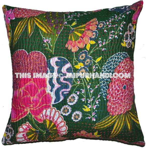 Home Decor Cushion Cover Handmade Floral Bohemian Kantha Decorative Pillow Green 