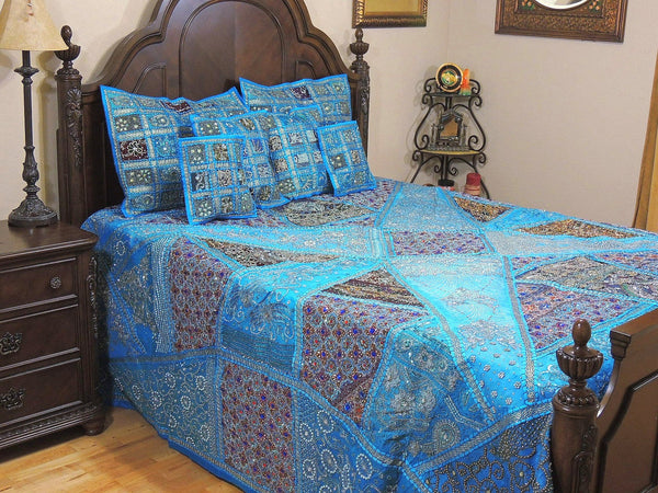Quilt Queen Turquoise Blue Patchwork Indian Bed cover Handmade Vintage Patches A 