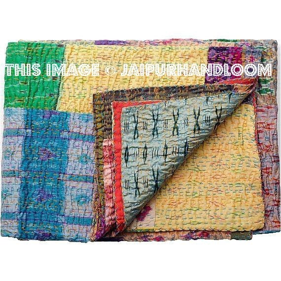 Pretty Patchwork Hand-Stitched Indian Traditional Kantha Throw Old Cotton Sari Patches Made Rally Blanket Vintage Kantha Quilt