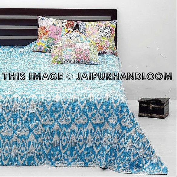 Indian Queen Kantha Quilt Bedspread Blanket Bedding Throw Handmade Turquoise 