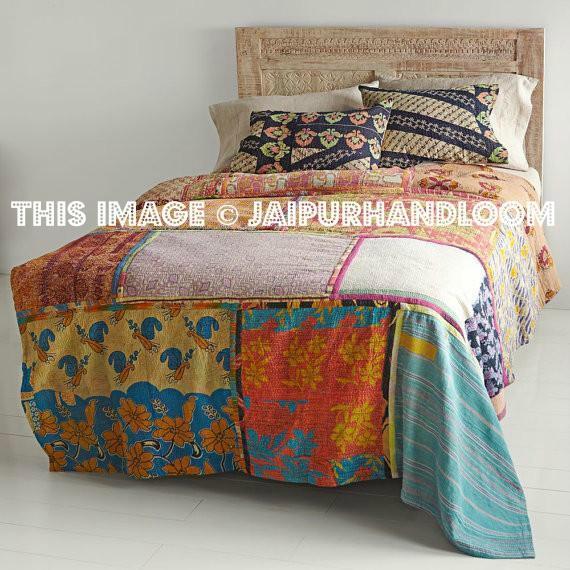 Indian Green Floral Patchwork Kantha Quilt Bedspread Reversible Bedding Blanket 
