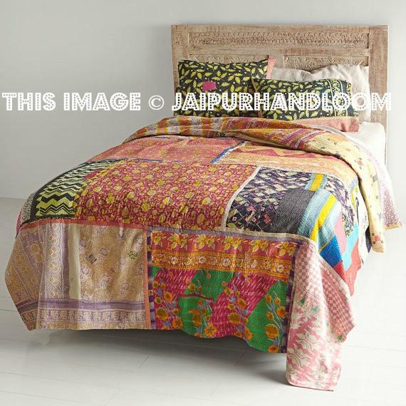 Details about   Indian Kantha Quilt Handmade Bedcover Cotton Bohemian Coverlet King Size Gudari 