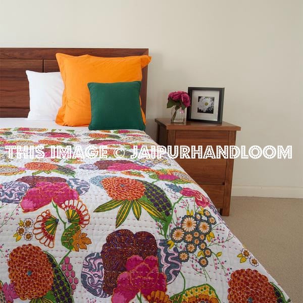 Kantha Quilt In White Floral Kantha Blanket Kantha Bedspread Throw Bedding 