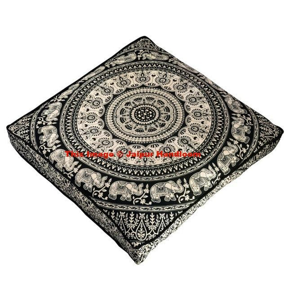 Black and white Mandala Floor Pillow Indian Square Ottoman Pouf Cover