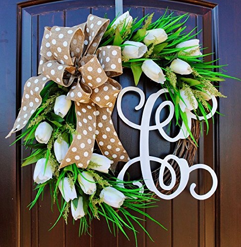 Handmade In America White Tulip Front Door Wreath With Script