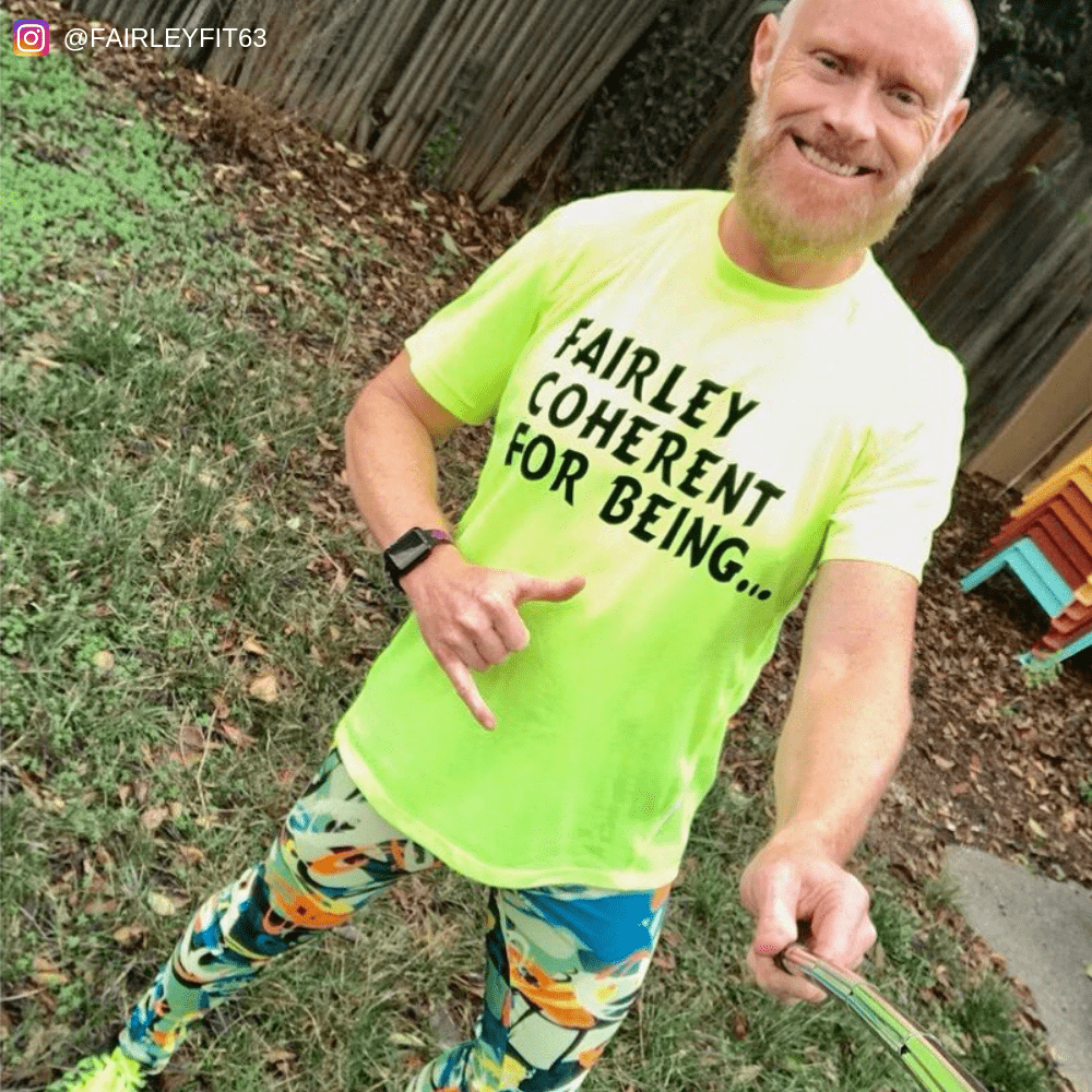 Older jogging man wearing colorful mens tights for running 