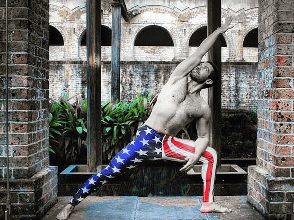 yoga instructor in ronny reagan american flag meggings