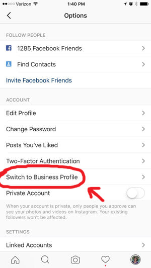 switch to business profile button in instagram account