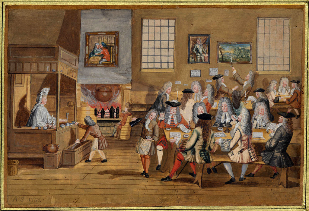 Busy 17th Century Coffee Shop, colorful drawing