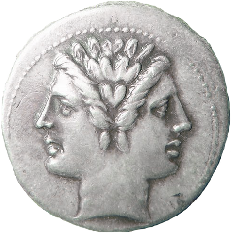Roman god Janus with two faces on old coin