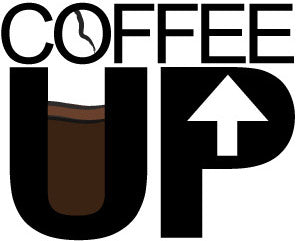 "Coffee Up" word graphic with U a coffee cup