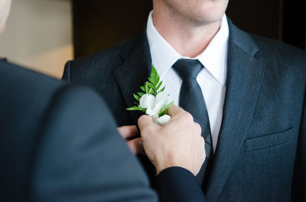 Charcoal suit with a white dress shirt