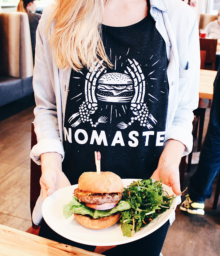 Nomaste Pyknic Nom Shirt paired up with a Lyfe Kitchen Burger