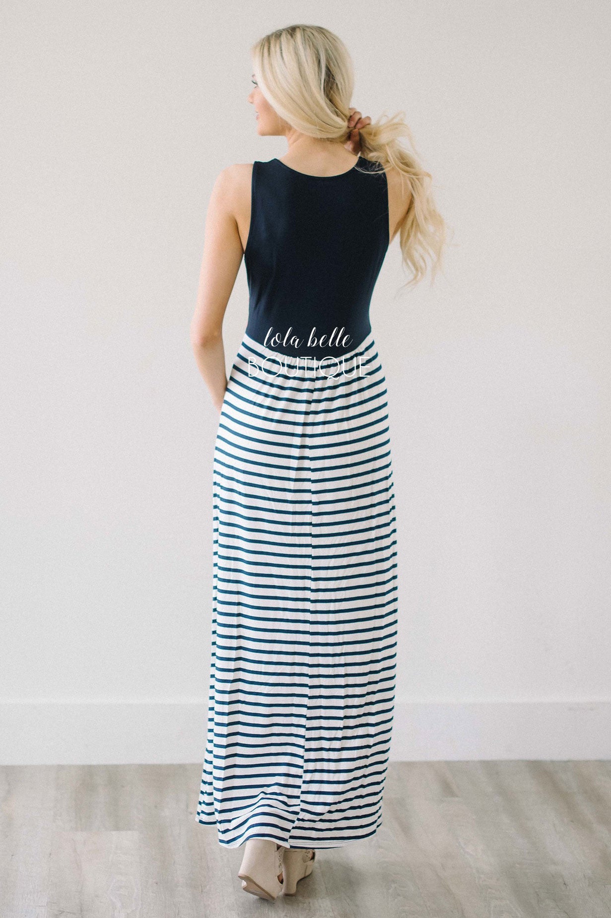Navy & White Stripes Maxi Dress