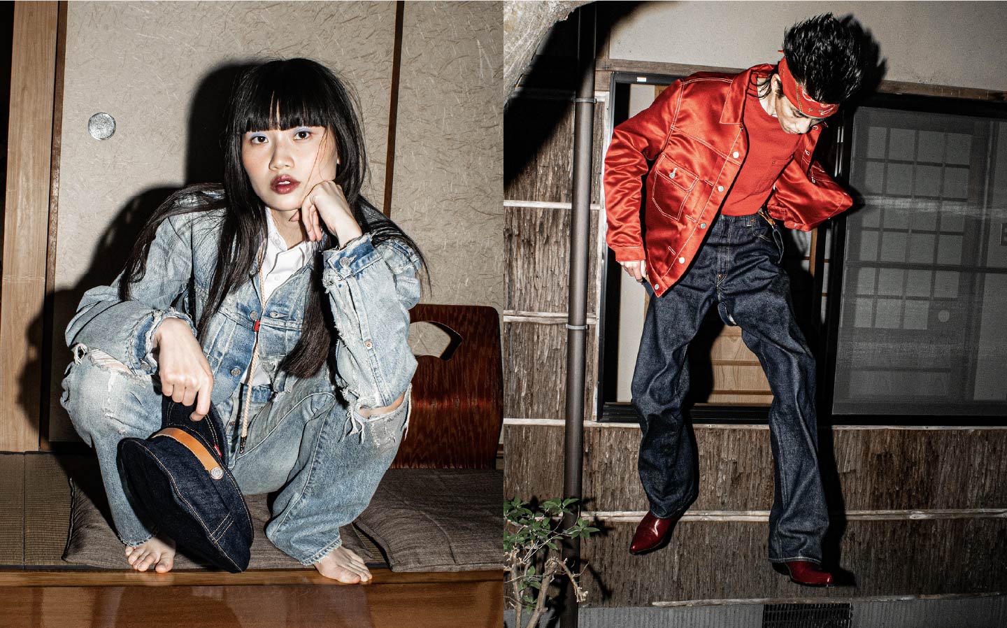 Two models styled in the KENZO x Levi’s collection are striking poses in front of the camera - Levi’s Hong Kong