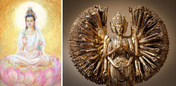 Guan Yin depicted in different mediums, painting and sculpture