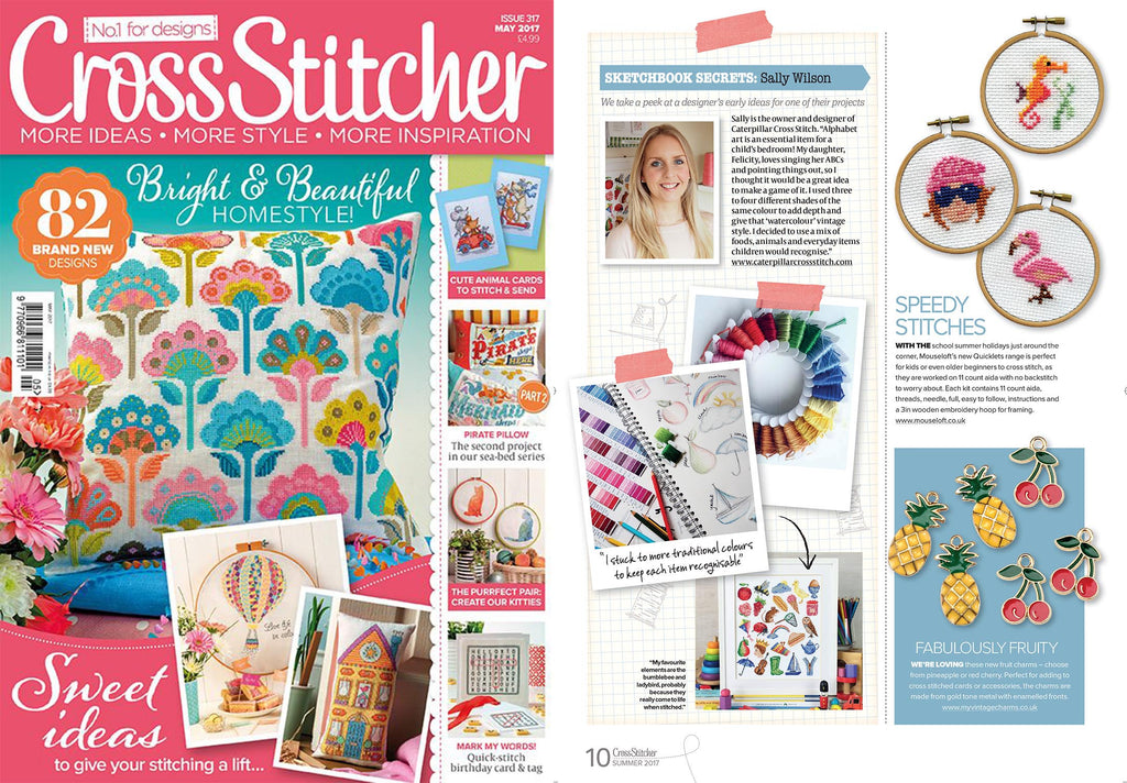 cross stitcher magazine summer 2017 modern alphabet caterpillar cross stitch sketchbook secrets