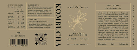 Sasha's Farms Kombucha, Turmeric Vanilla Pu'er