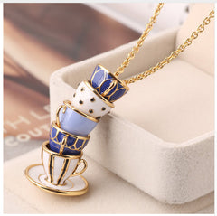 Blue Enameled Tea Cups Necklace
