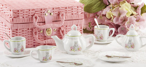 Girls' Porcelain Tea Set in Wicker Style Basket - Cat
