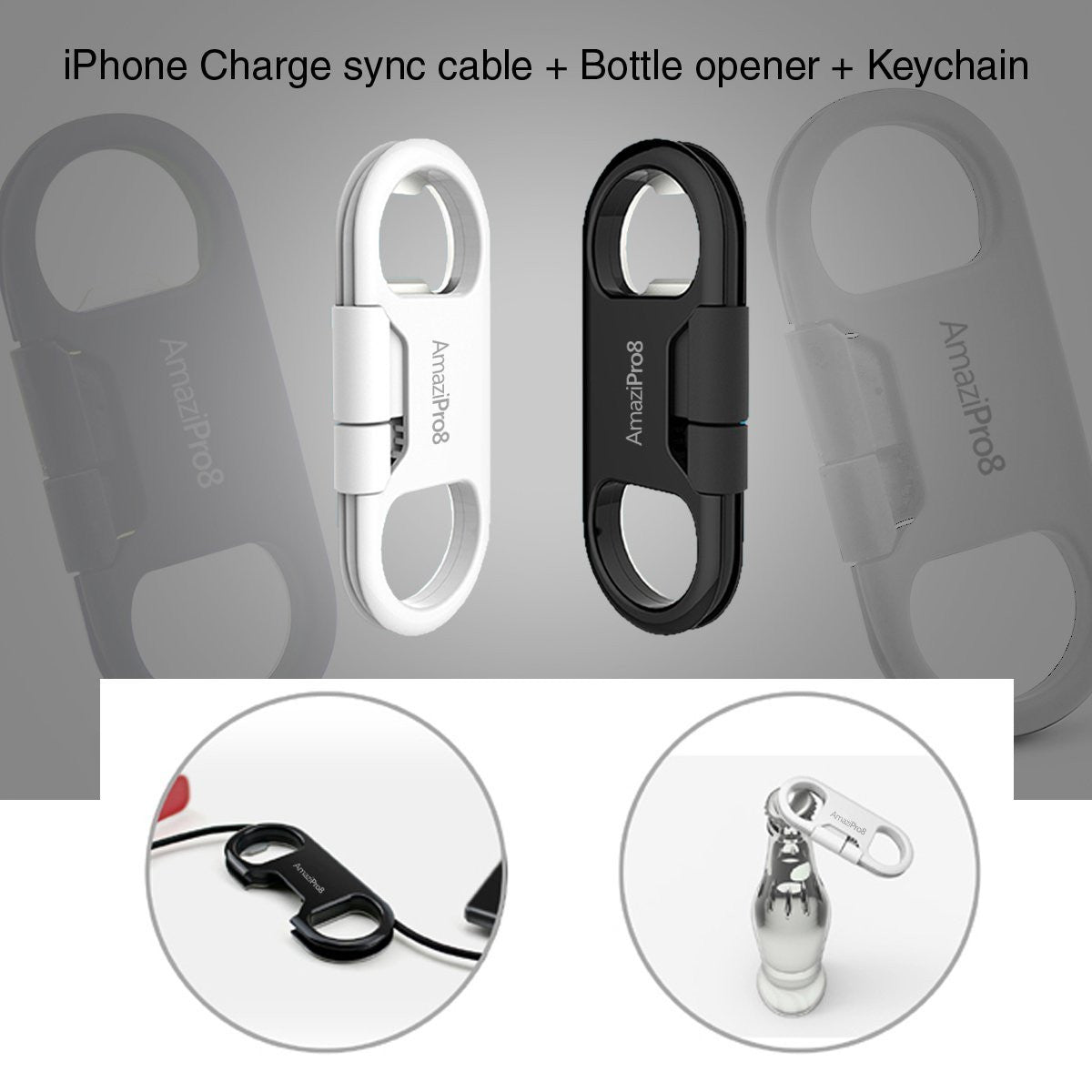 AmaziPro8 iPhone Charge Sync Cable + Bottle Opener + Key Chain (White) + FREE SHIPPING - AmaziPro8