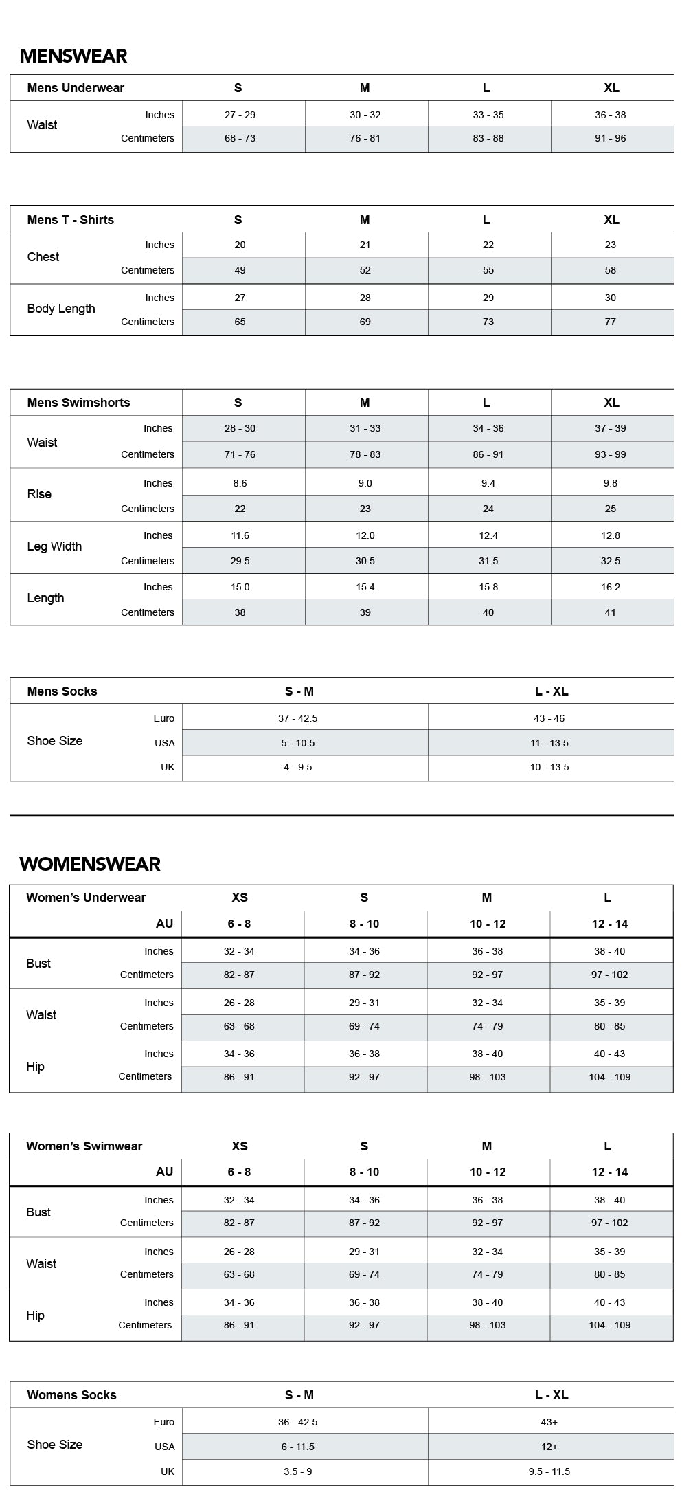Cloth Size Chart Australia