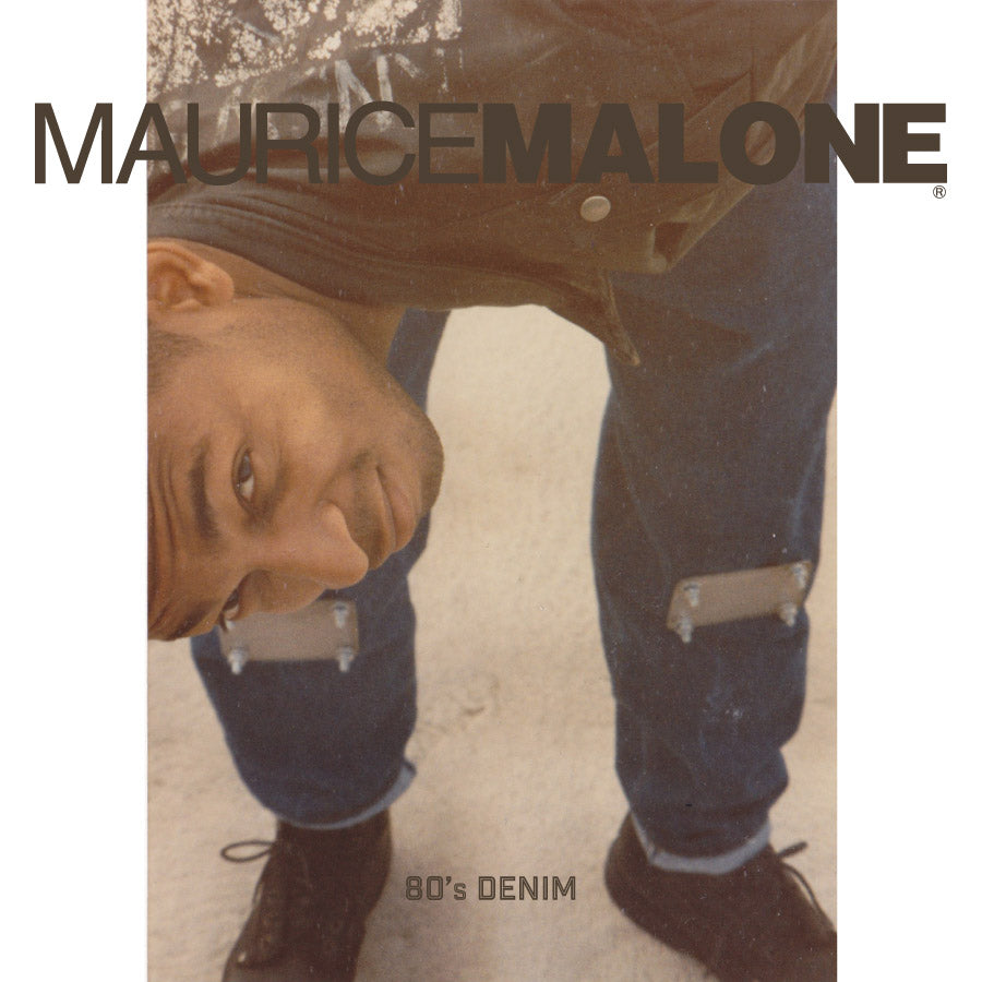 80s photo of young denim designer Maurice Malone in metal knee pad jeans handmade in his moms basement