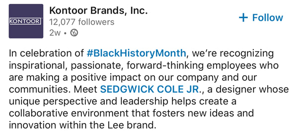 Kontoor Brands, Inc. Lee jeans Black History Month post for denim designer Sedgwick Cole Jr.