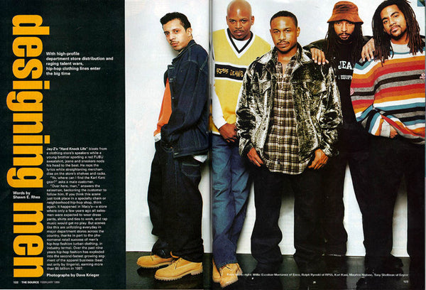 Top '90s Urban Streetwear Designers and black brand owners, Willie Esco, Ralph Reynolds, Maurice Malone, Karl Kani with branding expert/owner Tony Shellman in the Source magazine.