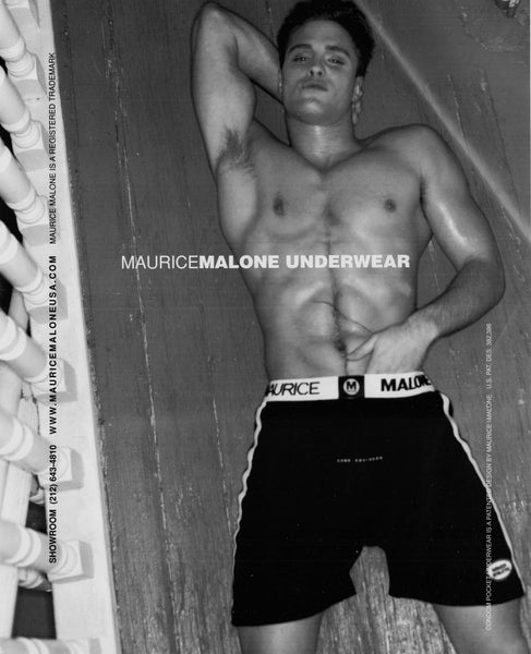 90s underwear advertisement by fashion designer Maurice Malone features condom pocket underwear