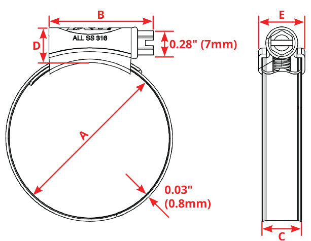 PYI Worm Gear Hose Clamp Dimensions