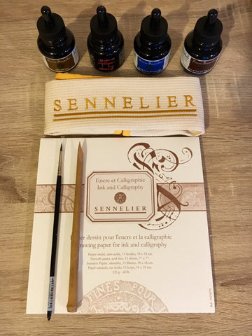 Calligraphy set with inks, brush and bamboo pen