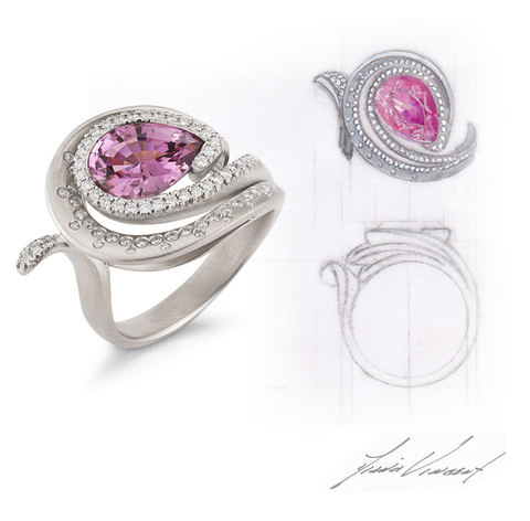 Custom Pear Pink Spinnel, Diamond and White Gold Swirl Ring and Design Sketch