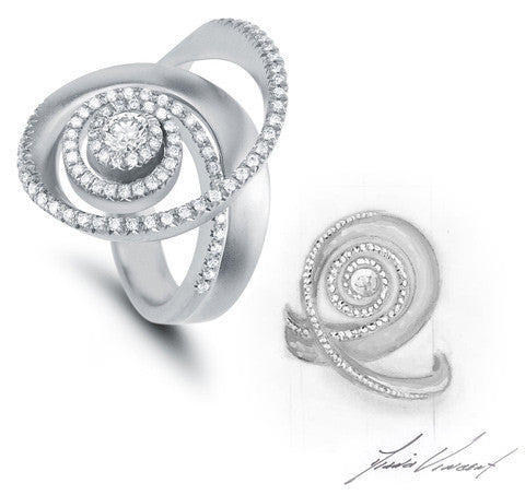 Custom Diamond and White Gold Swirl Ring and Design Sketch