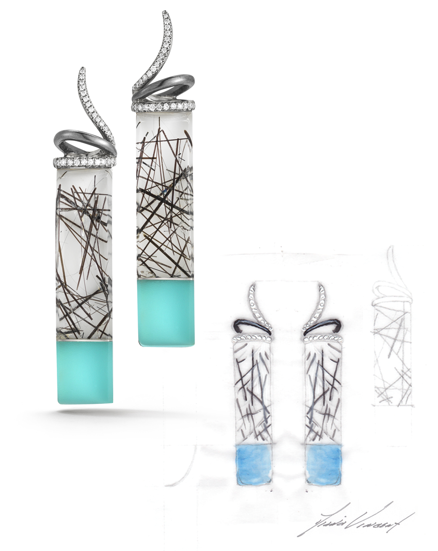 Carved Tourmalinated Quartz, Turquoise, Rock Crystal and Diamond Twirl Earrings