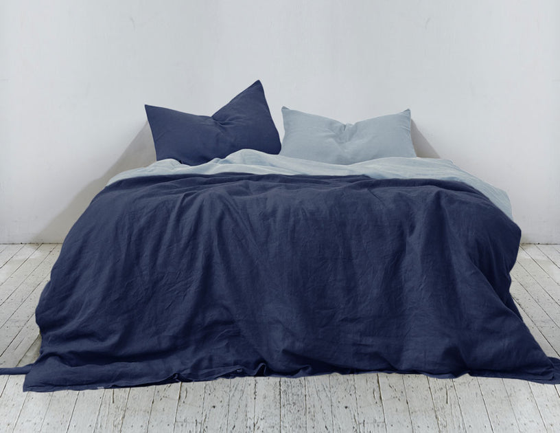 Blended Double Color Linen Duvet Cover Navy Aqua Naughty Linen