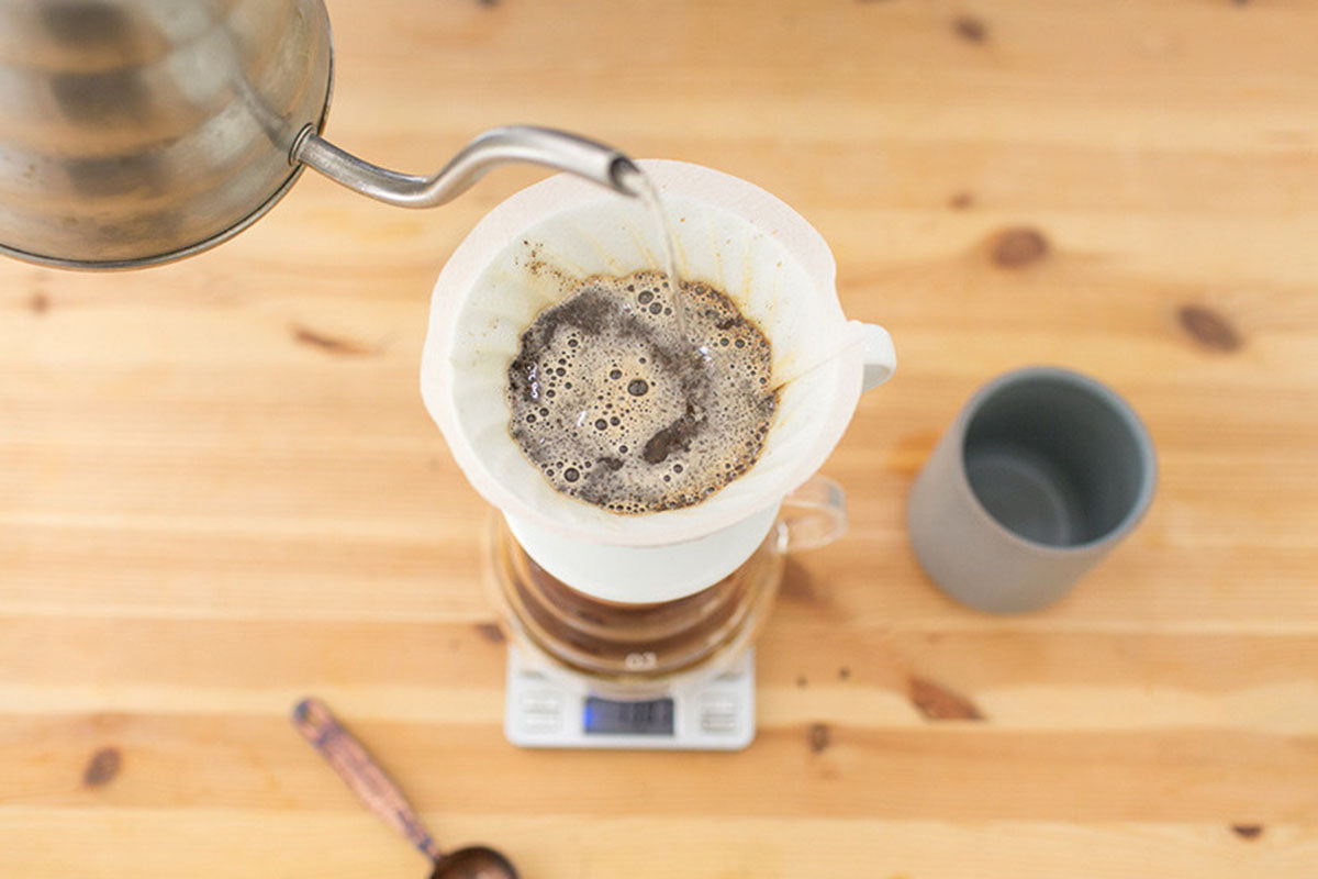 Pour water over the coffee