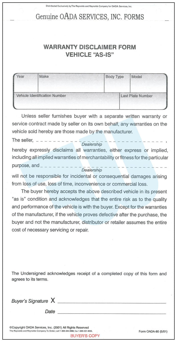 Warranty Disclaimer Form Vehicle "ASIS"