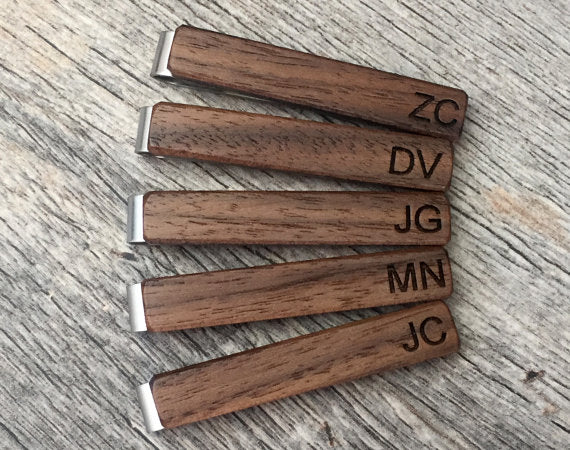 engraved wooden tie clips