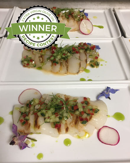 Scallop Crudo with Cucmber Meyer Lemon Salsa and Chive Oil