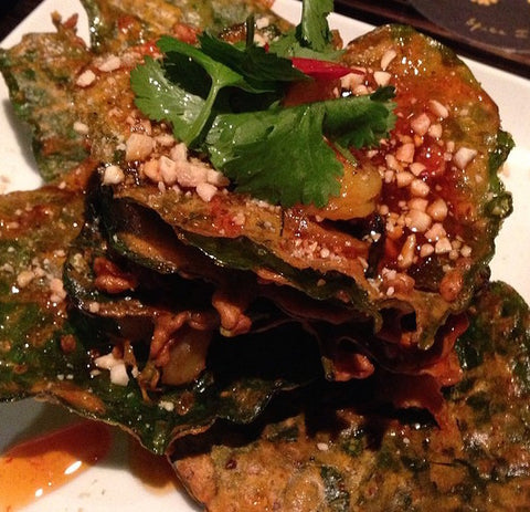 rispy betel leaves with prawns and a tang of chilli